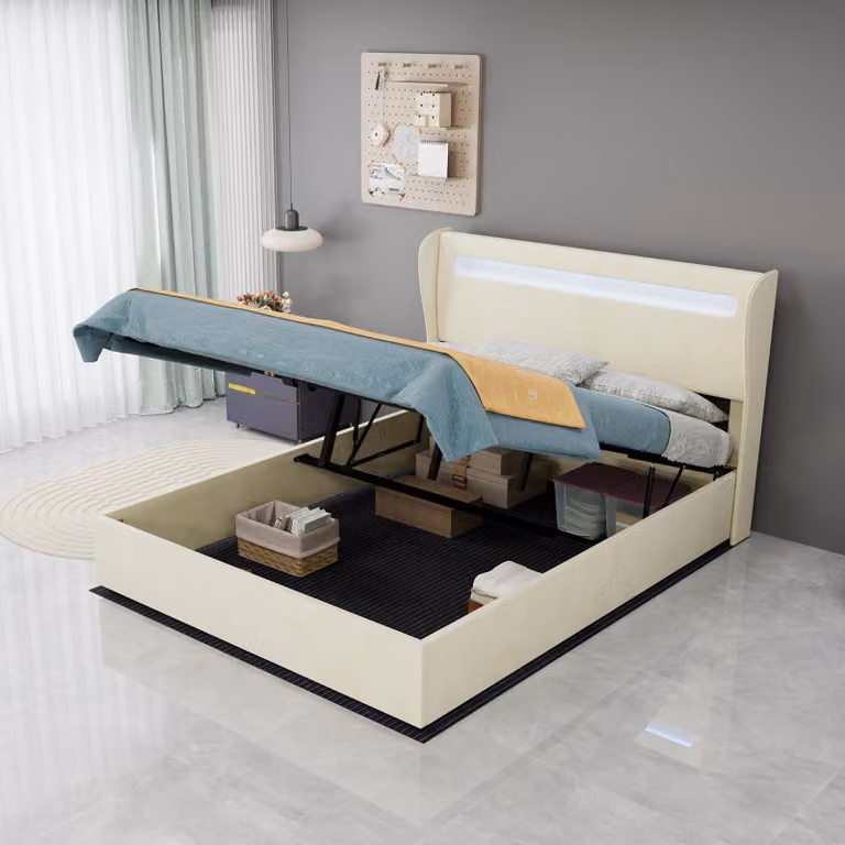 Letto imbottito idraulico 160x200 cm, color grigio chiaro, con contenitore, rete a molle sollevabile e testiera imbottita
