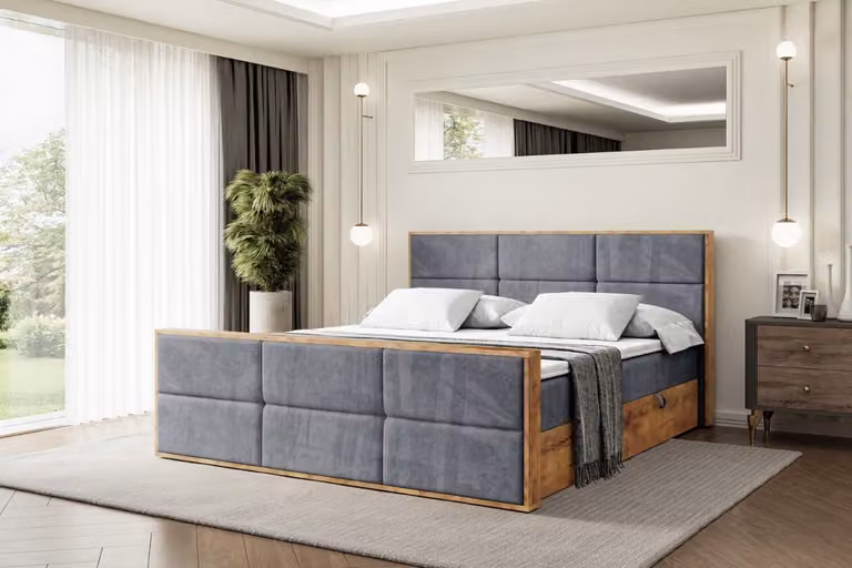 Letto boxspring ALTDECOR con materasso e rete a doghe, topper, pediera, letto imbottito con contenitore, letto con spazio contenitivo e materasso H3, letto matrimoniale, letto boxspring - LOLLI1-Z - 200x200 - Grigio scuro Casablanca