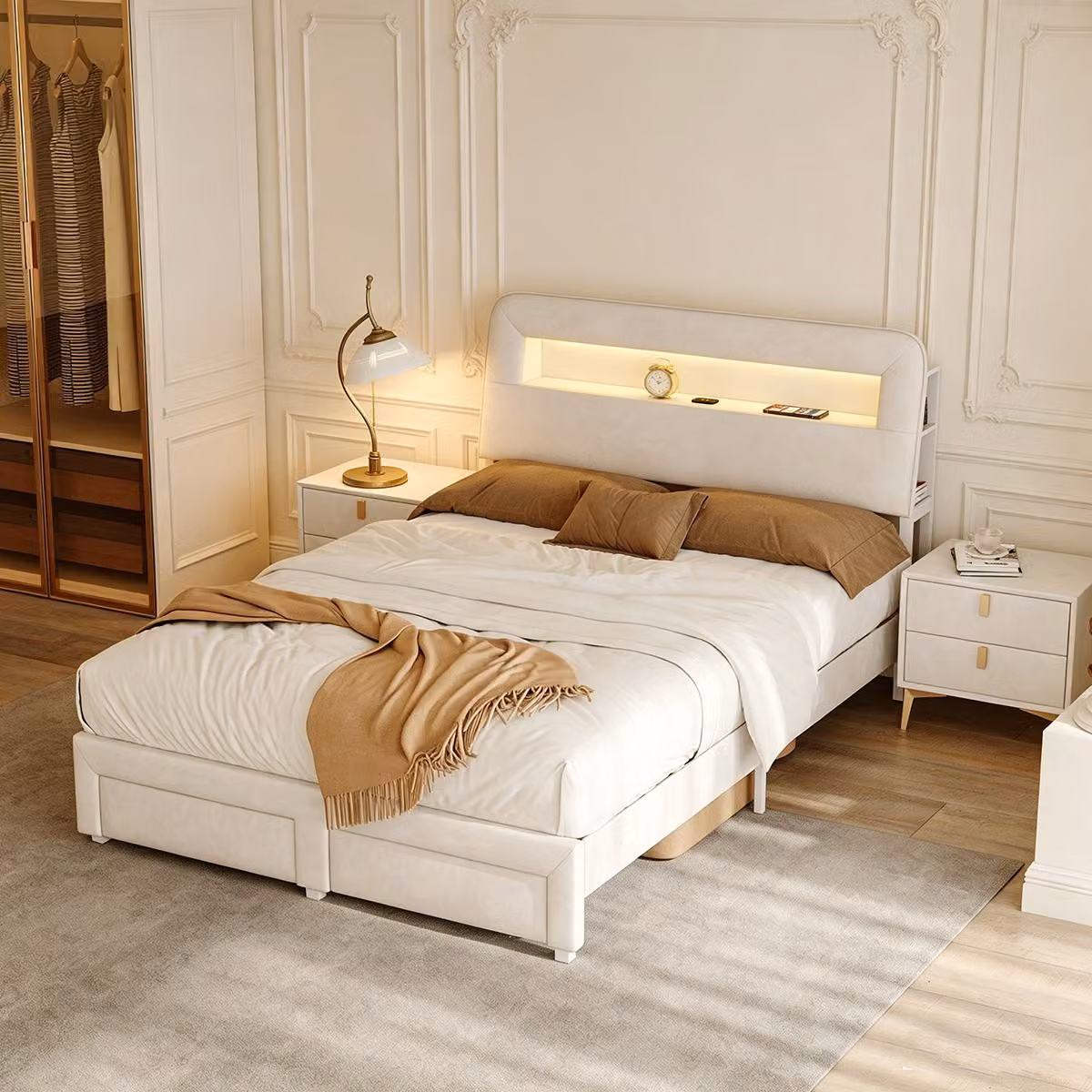 Letto imbottito INONEFT, 140x200 cm, con LED, letto matrimoniale con struttura a molle e base contenitore con stazione di ricarica USB e 2 cassetti, struttura del letto con rete a doghe, color beige, in velluto.
