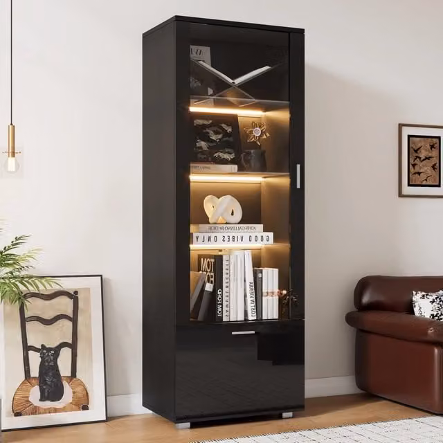 Set da 2 pezzi di vetrine REDOM in nero lucido con illuminazione integrata e ante in vetro, L: 40 cm, P: 50 cm, H: 160 cm