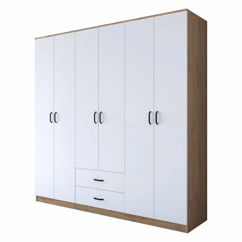 Armadio da camera da letto DMORA moderno con ante a battente, ripiani interni e appendiabiti, L/P/H: 210 x 210 x 210 cm, Bianco e Marrone Rovere – 2