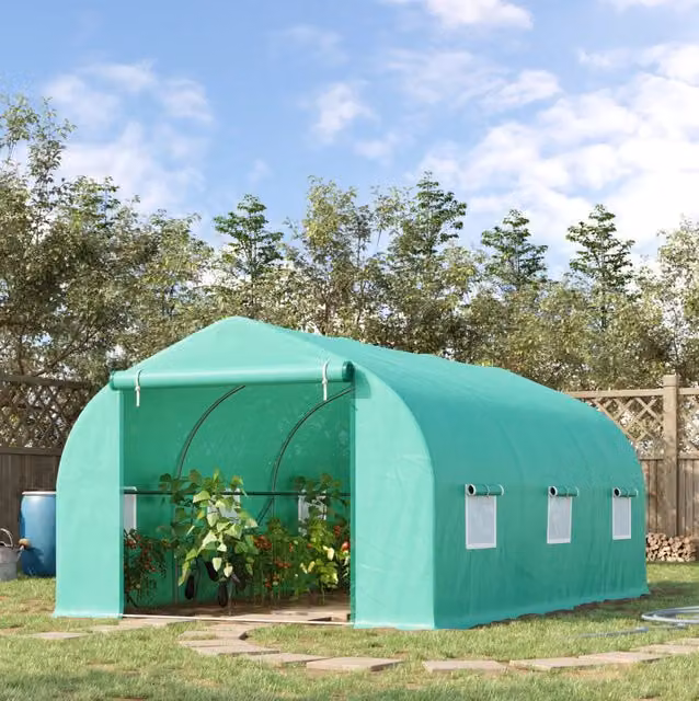 Serra da giardino ULEVR 450x300x205 cm con copertura in polietilene verde, porta avvolgibile e finestre