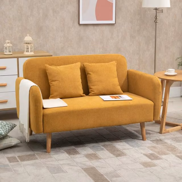 Divano moderno REDOM a 2 posti in tessuto beige e giallo con 2 cuscini, L: 130 cm, P: 70 cm, H: 80 cm