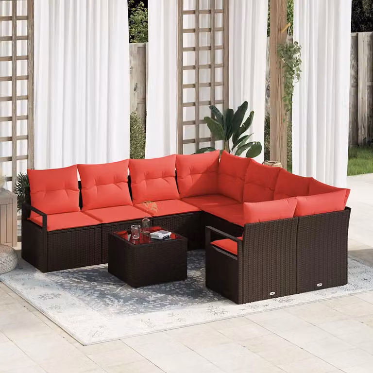 Set di divani da giardino vidaXL in polyrattan con 8 posti, colore beige e rosso, composto da 9 pezzi con cuscini inclusi