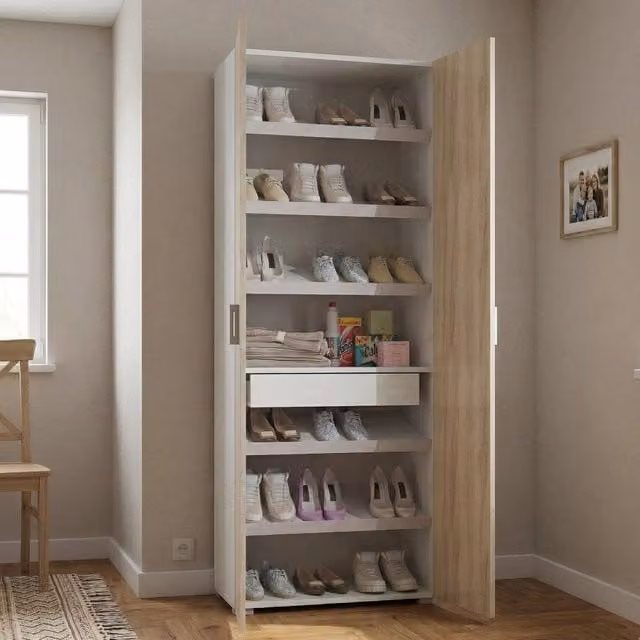 Armadio Multiuso Angy DMORA con 2 Ante e Cassetto, Marrone e Bianco, L: 72 cm, H: 195 cm – 1