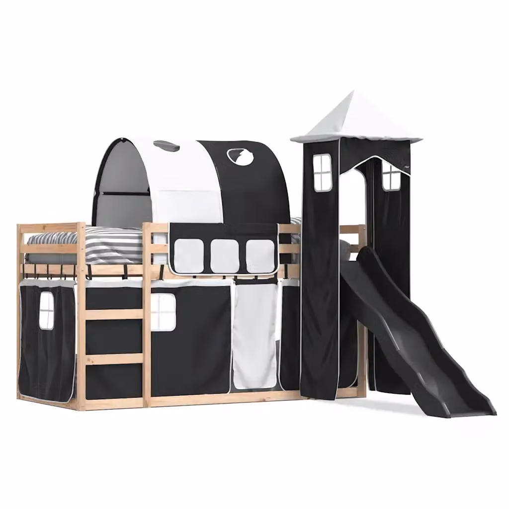 Letto a castello per bambini vidaXL in legno di pino con scivolo e tenda, Bianco, Nero e Antracite, L/P/H: 205.5 x 80 x 113 cm – 2