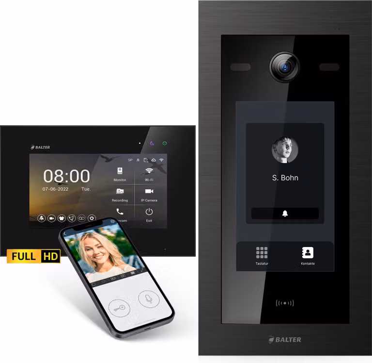 Videocitofono Balter EVO-HD con touchscreen, app, 1 casa famigliare, 1x monitor da 7 pollici, campanello con telecamera Full HD, bus a 2 fili, nero