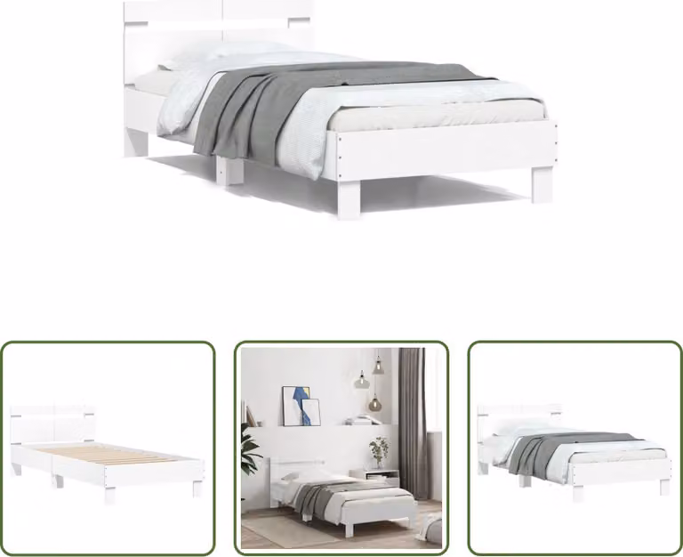 The Living Store Giroletto con testiera bianco 100x200 cm in materiale ligneo