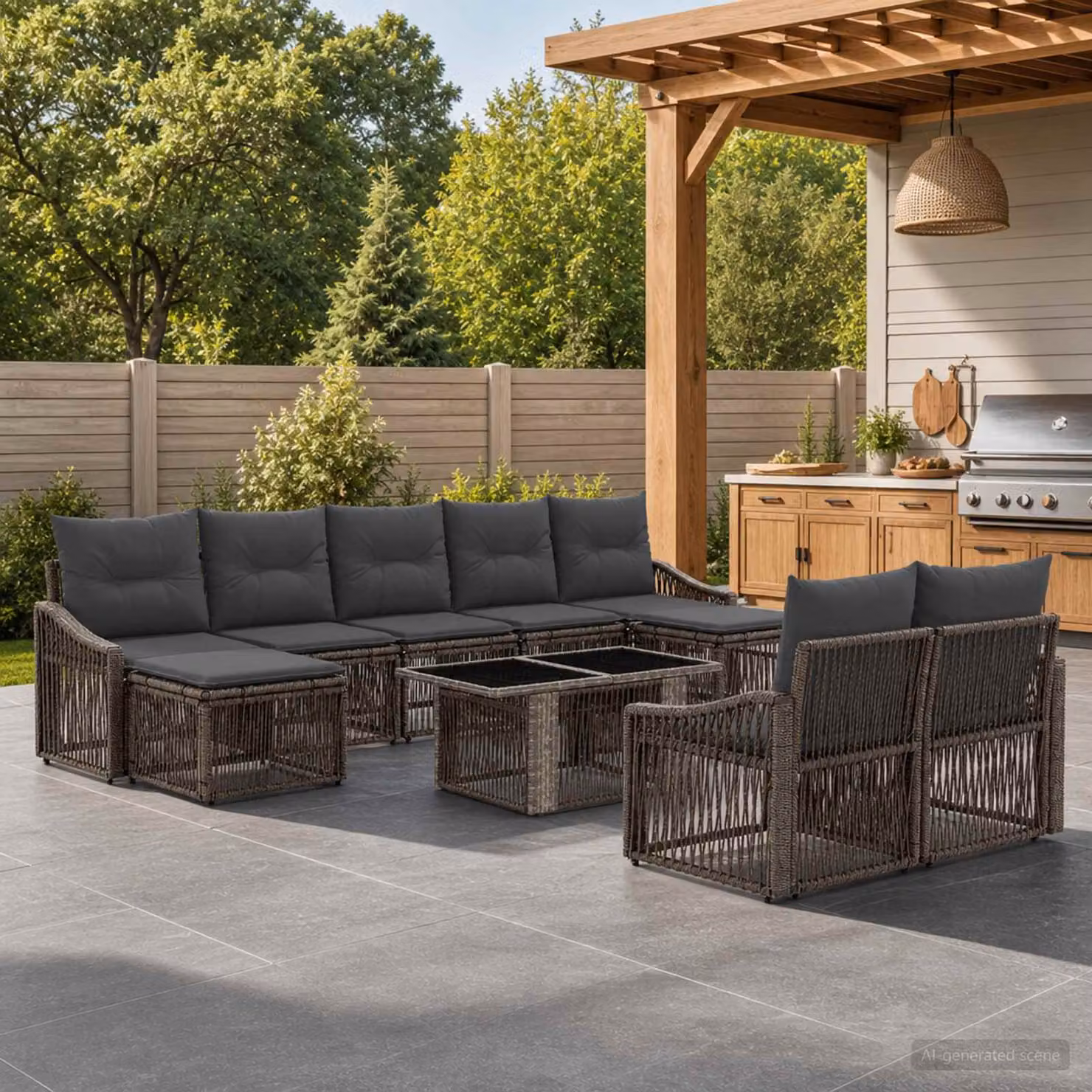 Set Divano da Giardino vidaXL 10 Pezzi in Polyrattan Grigio e Grigio Scuro con Cuscini e Tavolino