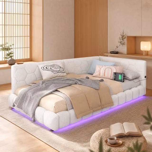 Letto da giorno ULEVR 90x200 cm con LED regolabile a 16 colori, USB e porta Type-C, velluto bianco