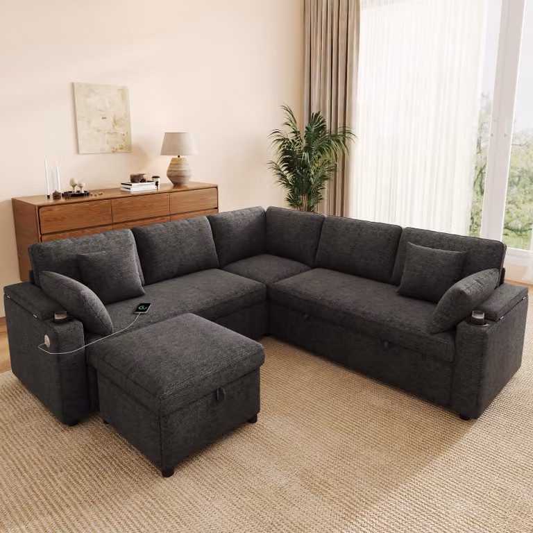 Divano angolare MODFU, divano letto con funzione letto, divano relax con poggiapiedi contenitore e porta USB/Type-C, divano modulare in velluto con portabicchieri, grigio