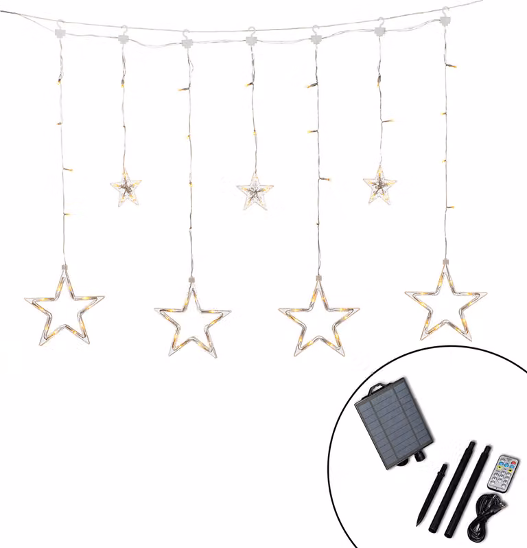 Decorazione natalizia Konstsmide, tenda luminosa solare a LED con stelle, 77 diodi color ambra, incluso pannello solare, telecomando, cavo trasparente, per esterni