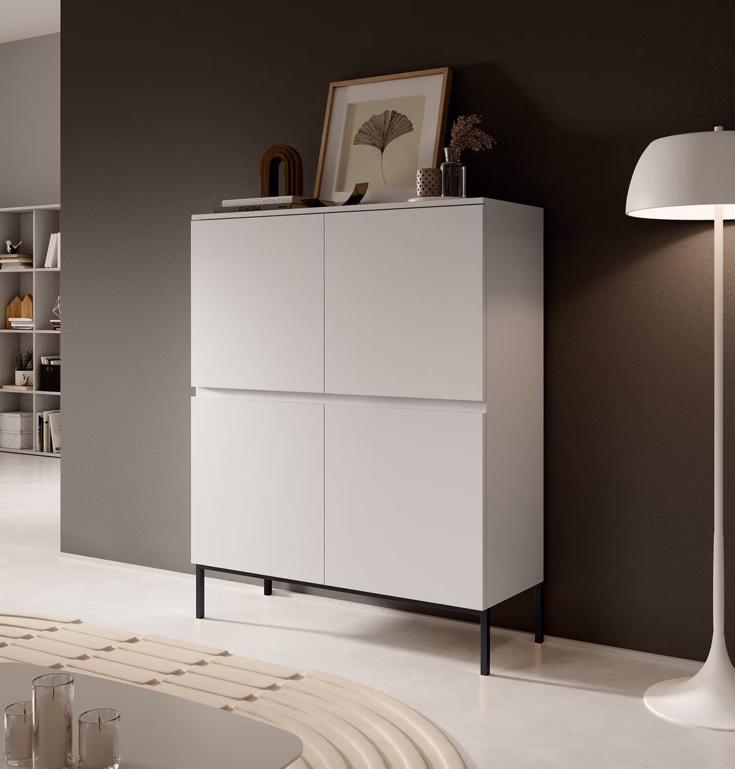 Selsey Highboard Bemmi - Credenza alta a 4 ante, bianca con gambe nere, 100 cm