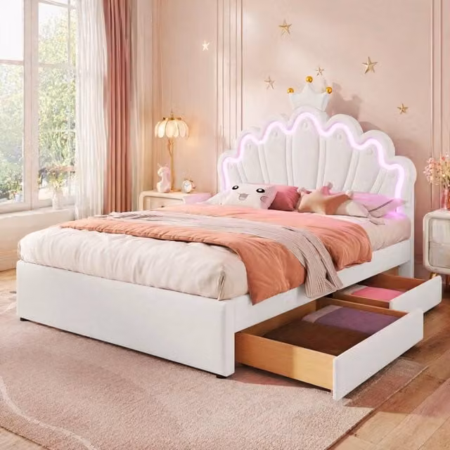 Letto imbottito per bambini 140x200 cm con luci LED telecomandate, 2 cassetti e testiera regolabile, struttura in PU bianco