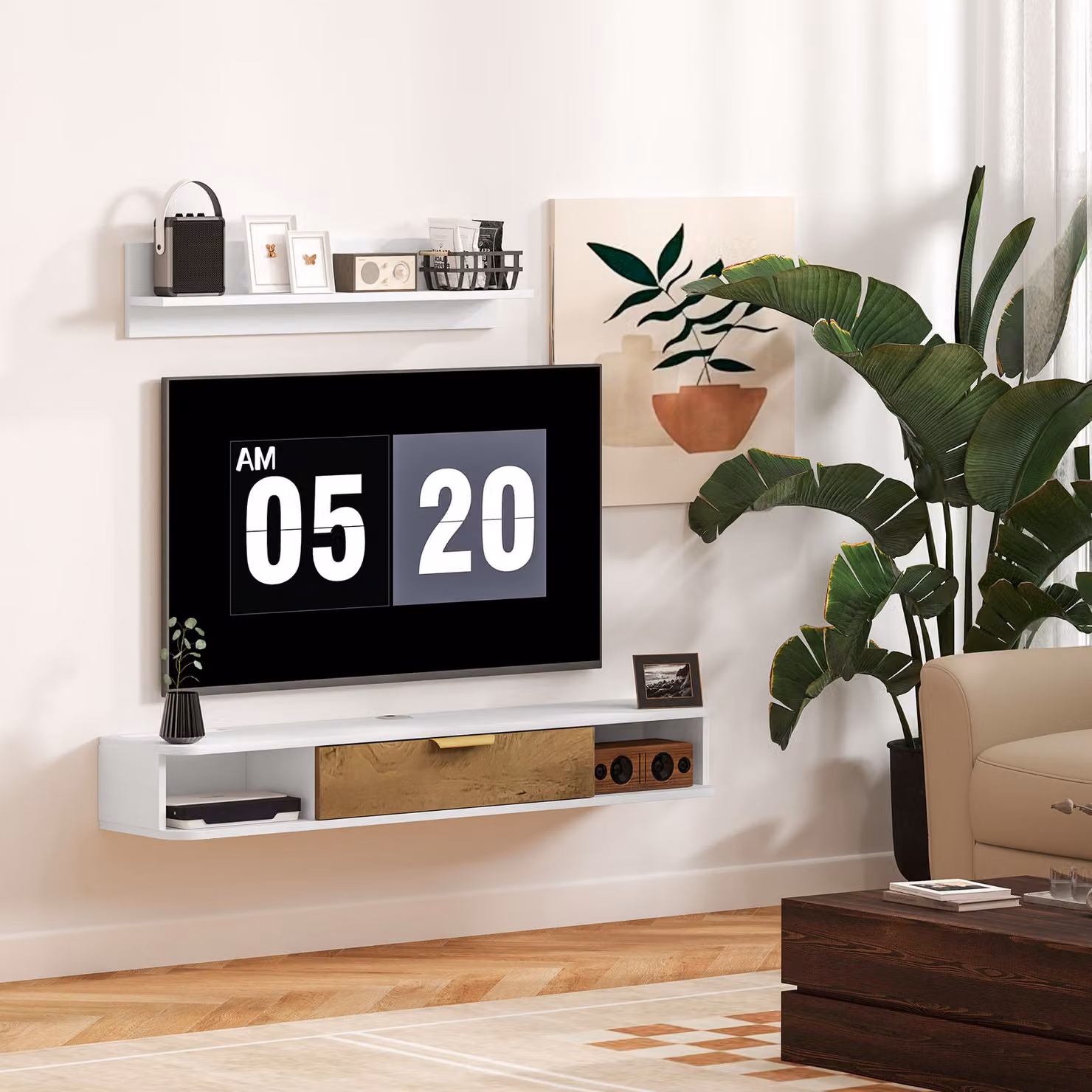 Set mobile TV sospeso HOMCOM in legno con mensola da parete e passacavi, colore bianco, L: 120 cm, P: 24 cm, H: 16 cm – 2