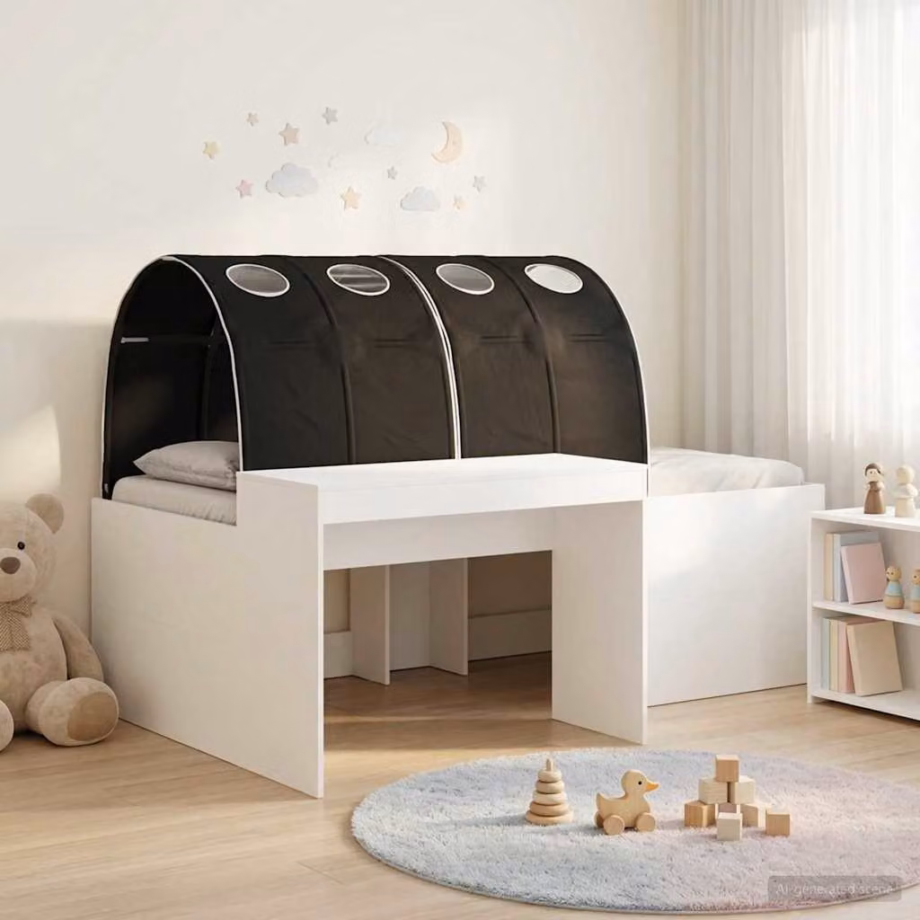 vidaXL Letto per bambini con tunnel e scomparti laterali, Rovere e Nero, L: 193 cm, P: 120 cm, H: 75 cm
