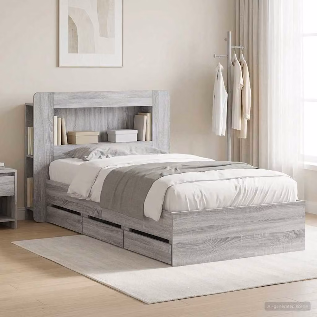Struttura letto con contenitore e testata vidaXL in legno Sonoma grigio L: 140 cm, P: 200 cm, H: 93,5 cm