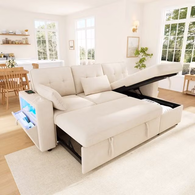 Divano angolare convertibile 3 posti 213x131x83 cm; chaise longue reversibile; LED; USB/Type-C; vani nei braccioli; 2 cuscini; ciniglia; beige