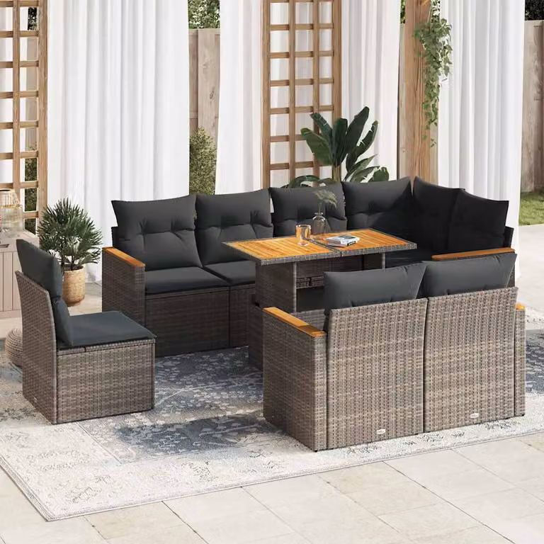Set Divano da Giardino vidaXL 9 Pezzi con Cuscini e Tavolino in Polyrattan e Legno di Acacia Grigio