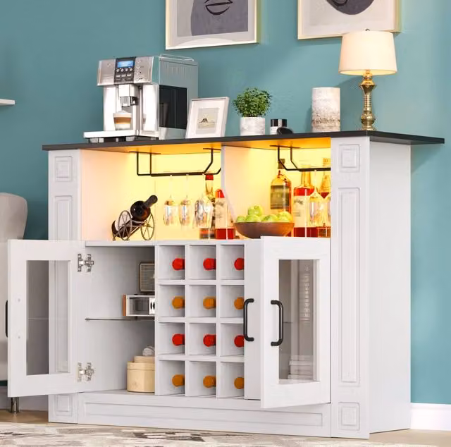 Credenza portabottiglie LED RGB 120x35x84 cm in MDF bianco con ante in vetro