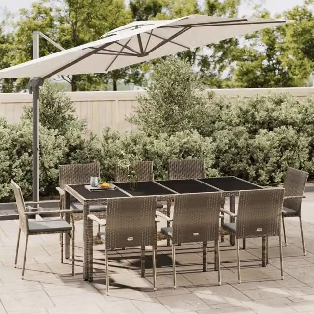 Set da Pranzo da Giardino 9 pz con Cuscini in Polyrattan Grigio 3184986
