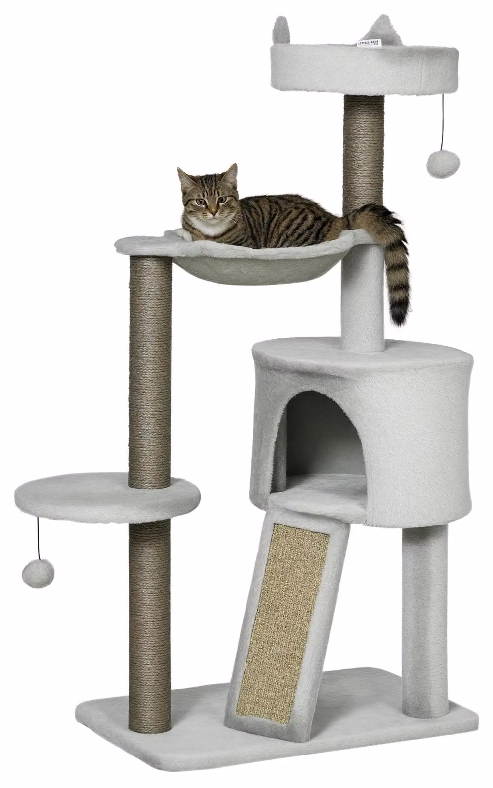Tiragraffi per gatti - Tiragraffi con colonna - Altezza 113 cm - 4 livelli con cuccia - Legno - Grigio chiaro