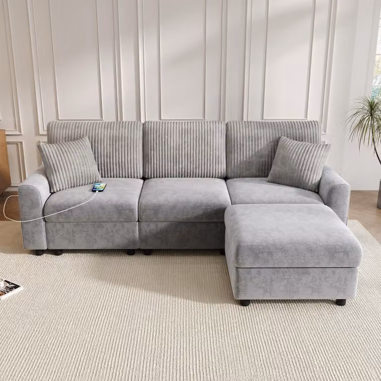 Merax Divano moderno a 3 posti, divano ad angolo a L con pouf, rivestimento in ciniglia, porta USB Type-C, con cuscini, divano grande da salotto, grigio