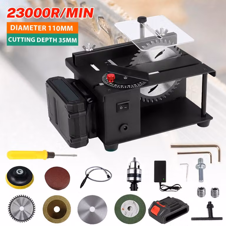 Mini sega da banco a batteria - 1 batteria - 23000 giri/min - lama da 110 mm - ideale per la lavorazione del legno