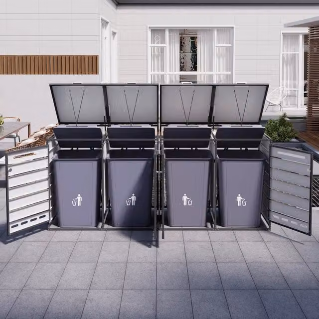 Copribidoni a 4 scomparti con coperchio idraulico ventilato e serrature in ferro nero per esterni 262 × 79 × 116 cm