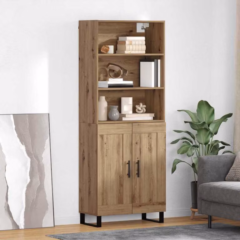 Set di 2 credenze moderne vidaXL in rovere e metallo, colore marrone, L: 69,5 cm, P: 34 cm, H: 180 cm
