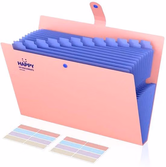 Organizer A4 con 13 scomparti, apribile, portatile, cartellina A4 rossa con bottoni e linguette