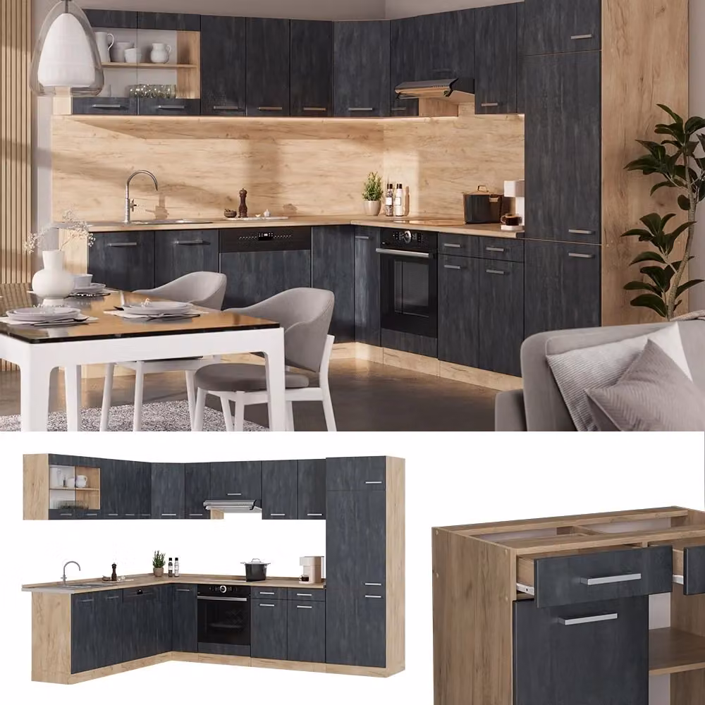 Cucina angolare completa R-Line Vicco in Calce nera e Rovere dorato 287 x 227 cm – 2