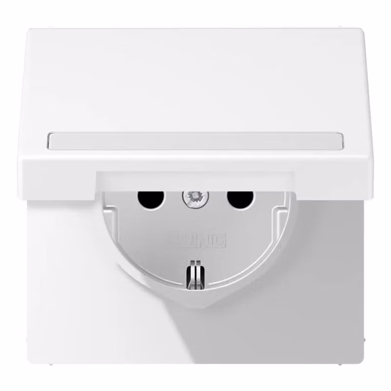 Presa Jung SCHUKO, 16 A 250 V ~, con etichetta, protezione integrata contro il contatto accidentale, coperchio ribaltabile, materiale termoplastico verniciato, serie LS, bianco neve opaco LS1520BFNAKLWWM