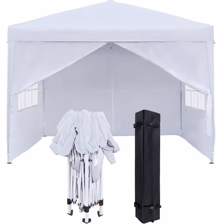 Gazebo da esterno di 2,5x2,5 metri con pannelli laterali e finestre, colore bianco, realizzato in poliestere, impermeabile e con protezione UV