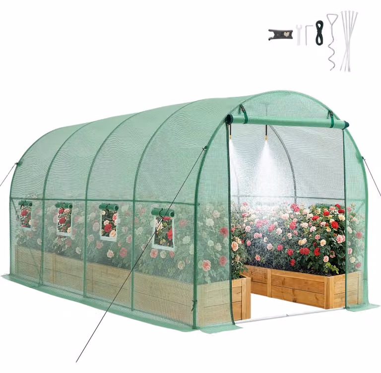 Serra SucceBuy 4,48 x 1,97 x 1,97 m con sistema di irrigazione, robusto telaio in acciaio, copertura in PE, porta avvolgibile con cerniera e 8 finestre di ventilazione, ideale per l'uso all'aperto