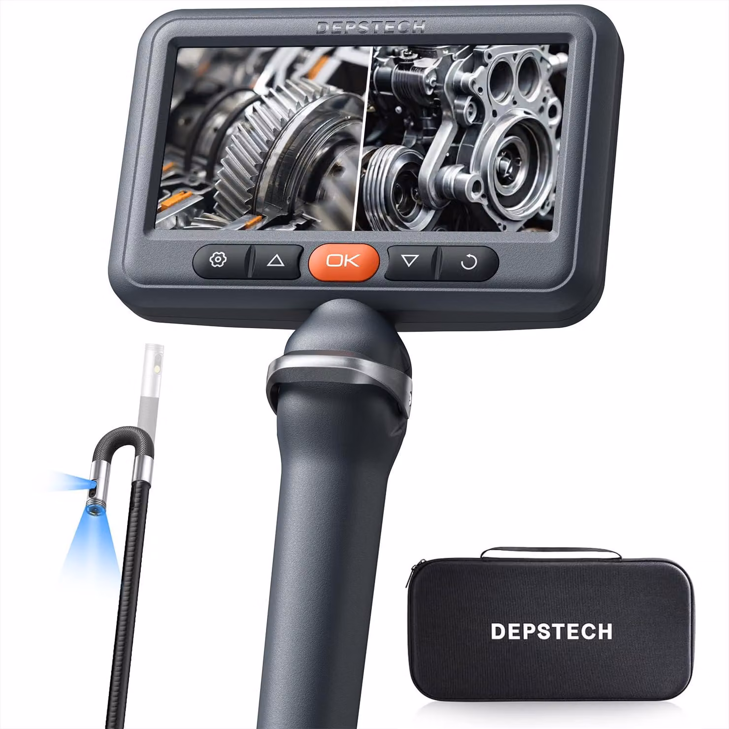 Telecamera endoscopica con doppia lente, schermo IPS da 5", cavo da 1,5 metri, articolazione a 210° e risoluzione 1080P