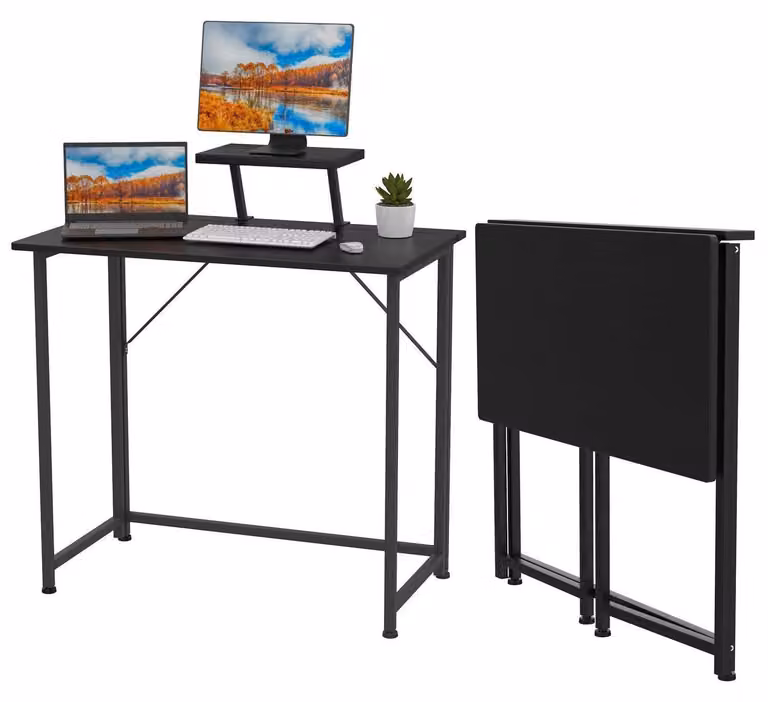 Scrivania pieghevole per computer con supporto per monitor, colore nero, dimensioni 80x45x75 cm