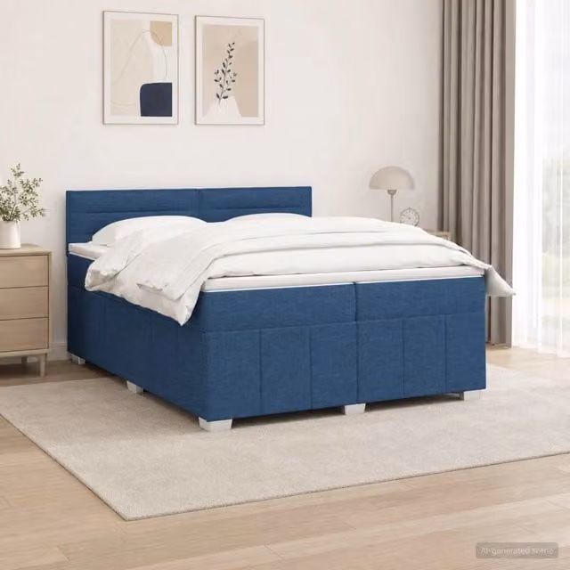 Letto Box Spring vidaXL con Materasso Blu e Bianco, Illuminazione LED Sotto il Letto e Porta USB, Struttura in Tessuto e Legno con Base a Sollevamento, L/P: 200 x 200 cm – 1