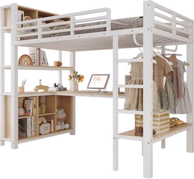 Letto a soppalco singolo in metallo e MDF con scrivania, guardaroba, ripiani e vani portaoggetti, colore bianco, L/P/H: 200 x 90 x 190 cm