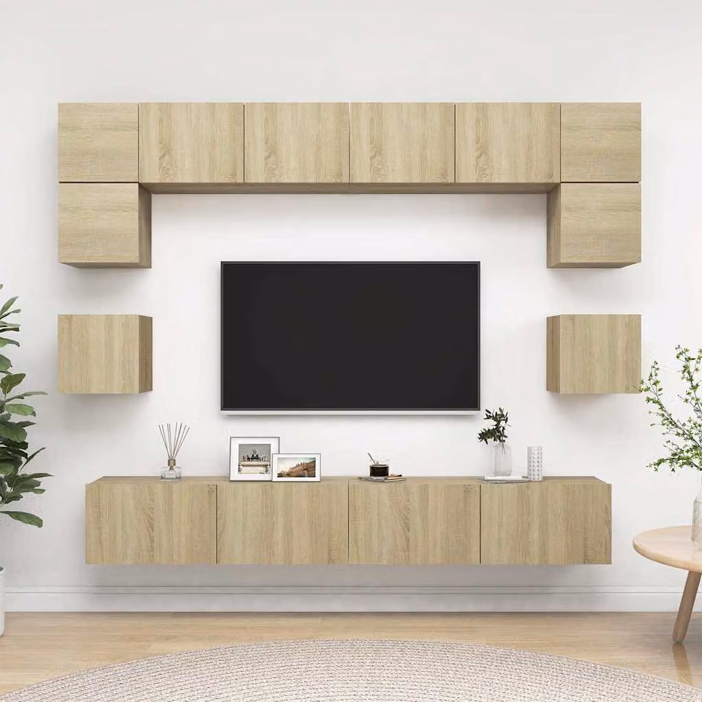 Set di mobili TV da soggiorno vidaXL 8 pezzi in legno Rovere Sonoma e MDF, design moderno a parete, colore beige e marrone