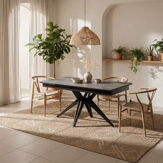Tavolo da pranzo allungabile Duzzle in ceramica effetto marmo grigio e nero, design industriale rettangolare, L: 160-240 cm, P: 90 cm, H: 76 cm