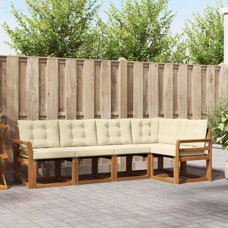 Set di divani da esterno vidaXL a forma di L composto da 5 pezzi in legno di acacia con sedute in textilene e cuscini beige e marrone