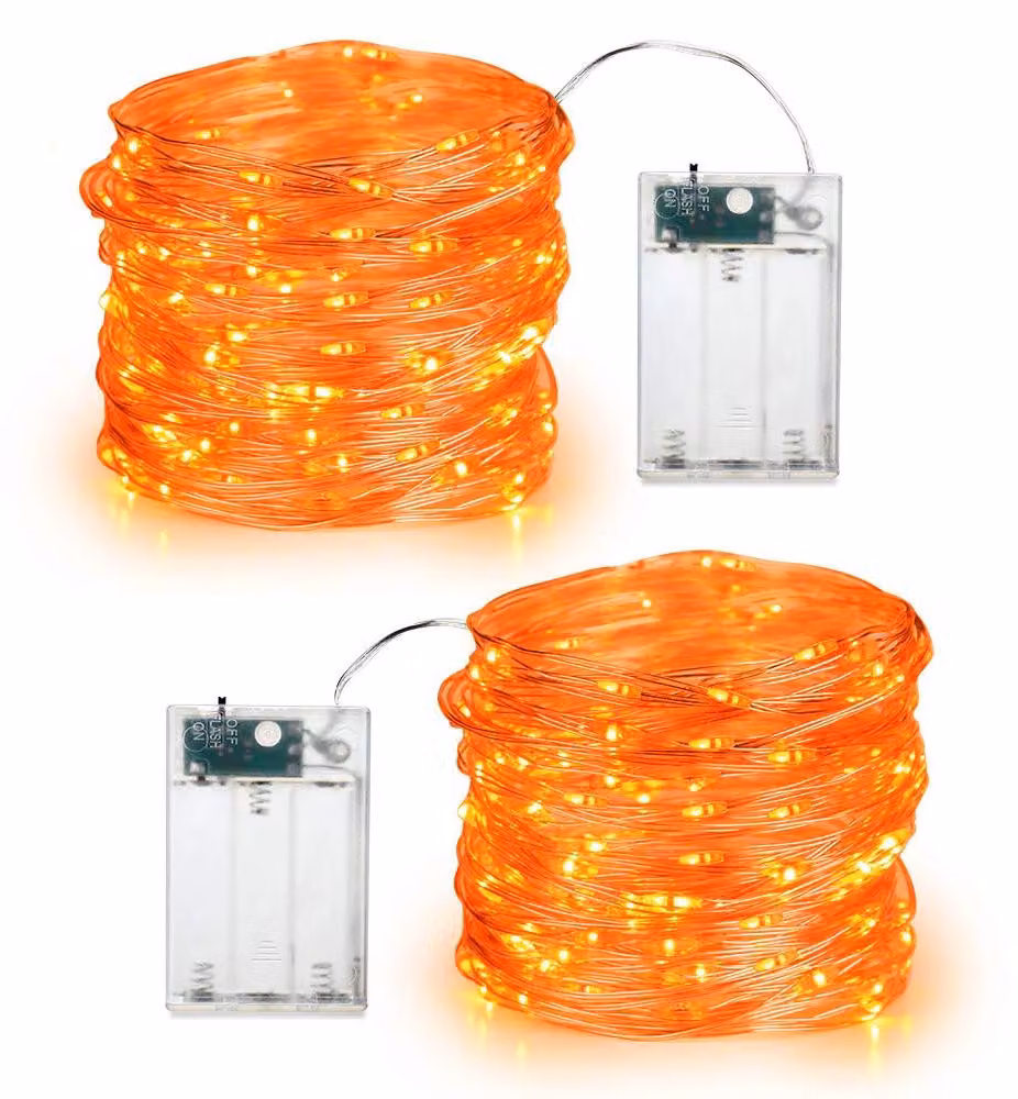 Set di 2 catene luminose a LED, colore arancione, lunghezza 6 metri, alimentazione a batteria