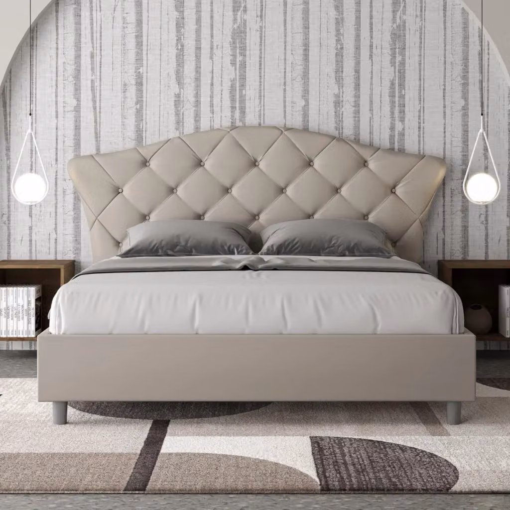 Letto Matrimoniale Langre Giordanoshop con Rete e Testata Imbottita in Similpelle Beige L: 160 cm, P: 213 cm, H: 135 cm – 2