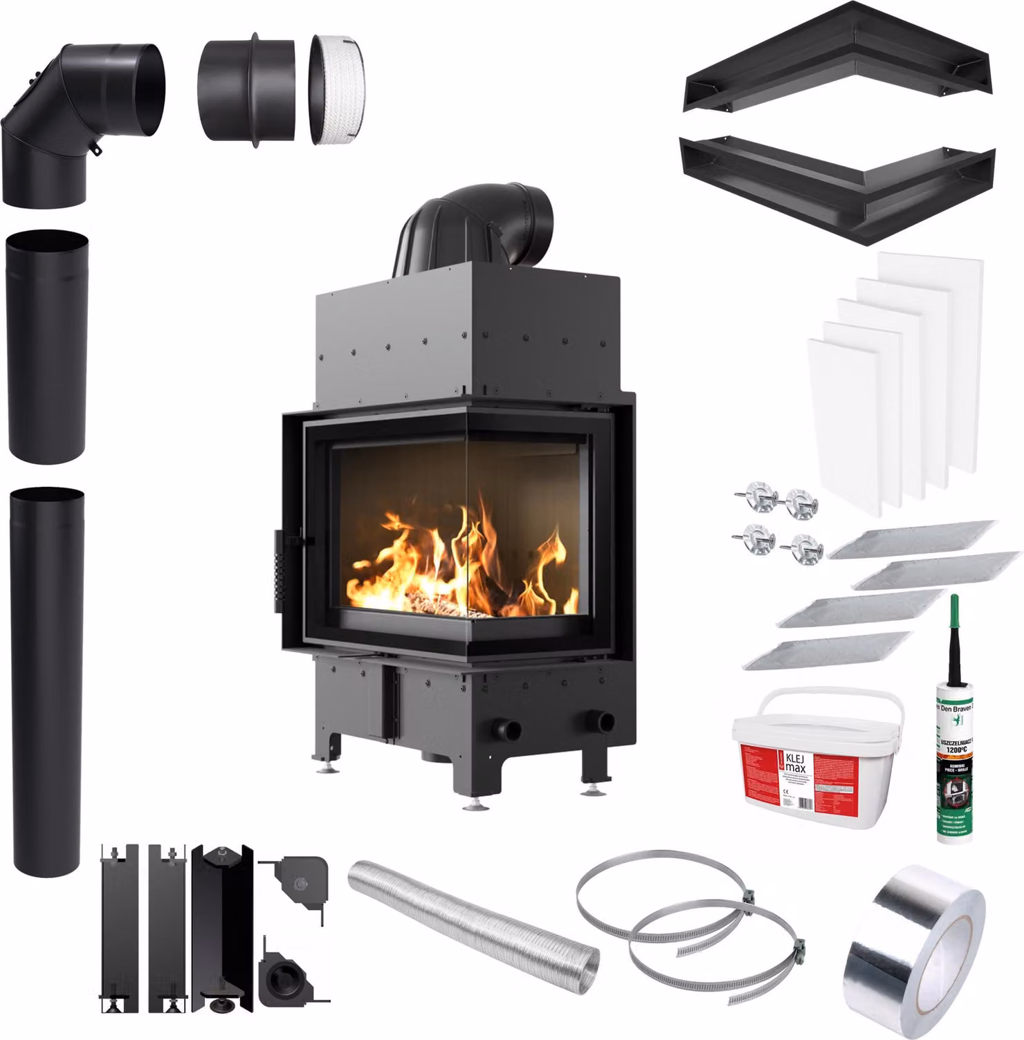 Camino KRATKI FLOKI S Right 8kW Ø160 Nero Set angolare con presa d'aria