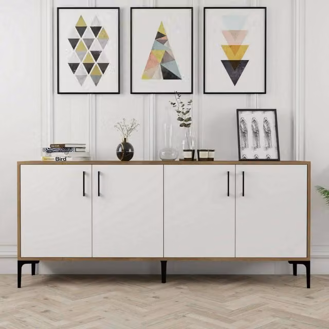Credenza Agape DMORA per soggiorno e cucina, Bianco e Marrone, L: 180 cm, P: 35 cm, H: 78 cm