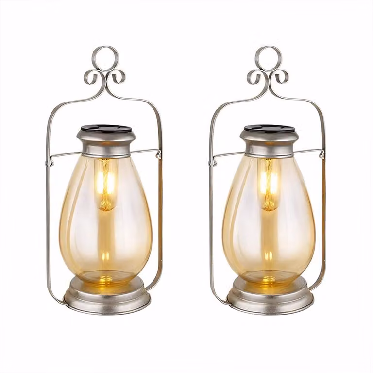 2 lampade solari a LED, lanterna, argento, vetro ambrato, IP44, H 36,5 cm