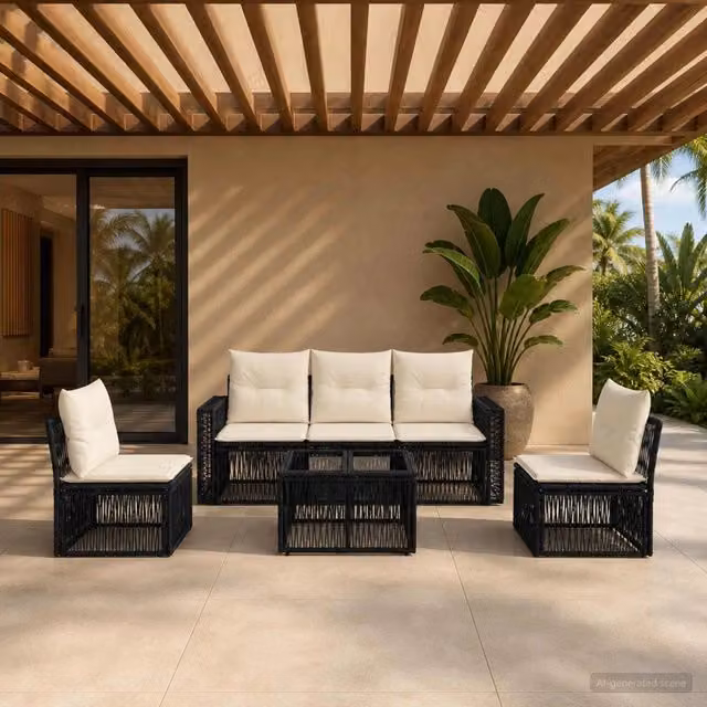 Set da giardino moderno vidaXL composto da 6 pezzi con divano a 3 posti, poltrone, tavolino da caffè e cuscini in tessuto, colore nero e bianco crema – 1