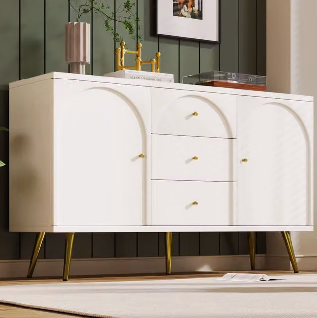 Credenza bianca con 2 ante e 3 cassetti per sala da pranzo, finitura opaca, L: 140 cm, H: 84 cm, P: 40 cm