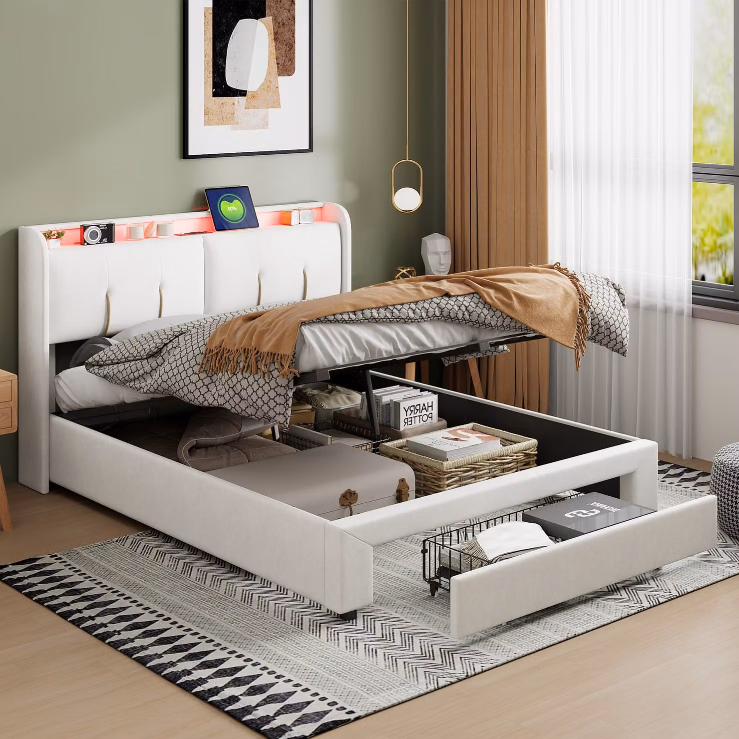 Letto imbottito 140x200 cm, letto matrimoniale con cassetto e rete a doghe, testata letto a LED con vano contenitore e funzione di ricarica USB, letto contenitore letti funzionali letti giovanili spalliera letto, (beige, 140x200cm)